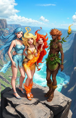 A group of four teenagers, each representing a different element: one teenager embodies water with flowing blue hair and a shimmering outfit reminiscent of waves; another represents air, adorned with light, airy clothing and a wispy, ethereal appearance; the third embodies fire, with vivid red and orange hair, a fierce expression, and vibrant flame-themed attire; the last represents earth, wearing earthy tones with botanical embellishments and a grounded stance