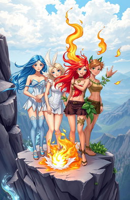 A group of four teenagers, each representing a different element: one teenager embodies water with flowing blue hair and a shimmering outfit reminiscent of waves; another represents air, adorned with light, airy clothing and a wispy, ethereal appearance; the third embodies fire, with vivid red and orange hair, a fierce expression, and vibrant flame-themed attire; the last represents earth, wearing earthy tones with botanical embellishments and a grounded stance