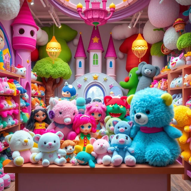 A vibrant and whimsical plush toy store, featuring a wide array of customizable plushies