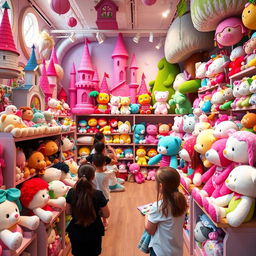 A vibrant and whimsical plush toy store, featuring a wide array of customizable plushies