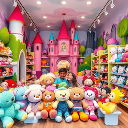 A vibrant and whimsical plush toy store, featuring a wide array of customizable plushies