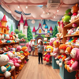 A vibrant and whimsical plush toy store, featuring a wide array of customizable plushies