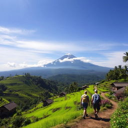 A breathtaking landscape of Senaru village in Indonesia, showcasing lush green rice terraces cascading down the hillside under a clear blue sky