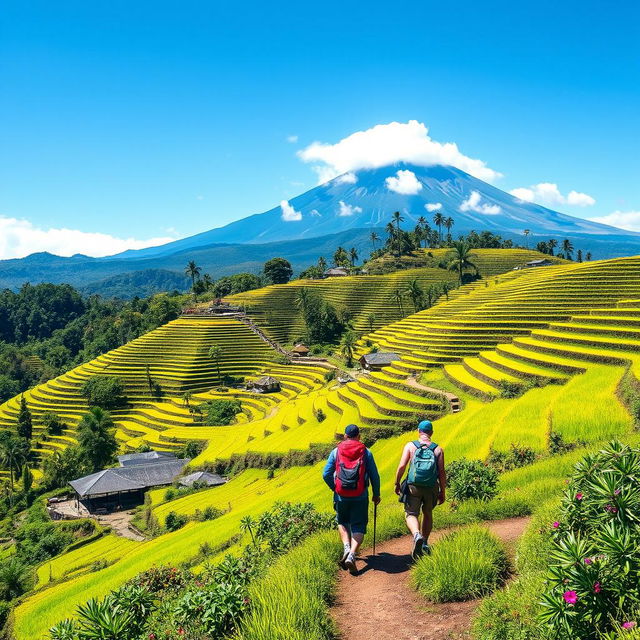 A breathtaking landscape of Senaru village in Indonesia, showcasing lush green rice terraces cascading down the hillside under a clear blue sky