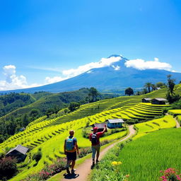 A breathtaking landscape of Senaru village in Indonesia, showcasing lush green rice terraces cascading down the hillside under a clear blue sky
