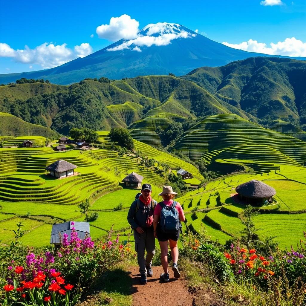 A breathtaking landscape of Senaru village in Indonesia, showcasing lush green rice terraces cascading down the hillside under a clear blue sky
