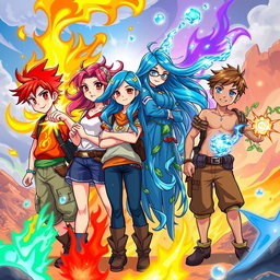 Four adventurous teenagers representing the powers of the elements: a boy with bright red hair and fiery attire, surrounded by swirling flames; a girl with flowing, sky-blue hair and airy garments, gazing confidently while gusts of wind flow around her; a water-wielding girl with long, shimmering blue hair, creating droplets that float in the air; and a boy with earthy brown tones, adorned with leafy vines and surrounded by rocks and soil