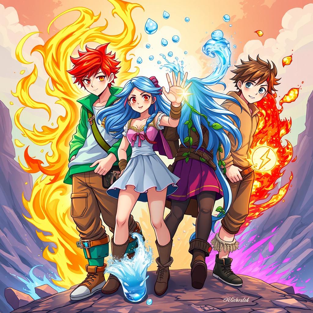Four adventurous teenagers representing the powers of the elements: a boy with bright red hair and fiery attire, surrounded by swirling flames; a girl with flowing, sky-blue hair and airy garments, gazing confidently while gusts of wind flow around her; a water-wielding girl with long, shimmering blue hair, creating droplets that float in the air; and a boy with earthy brown tones, adorned with leafy vines and surrounded by rocks and soil