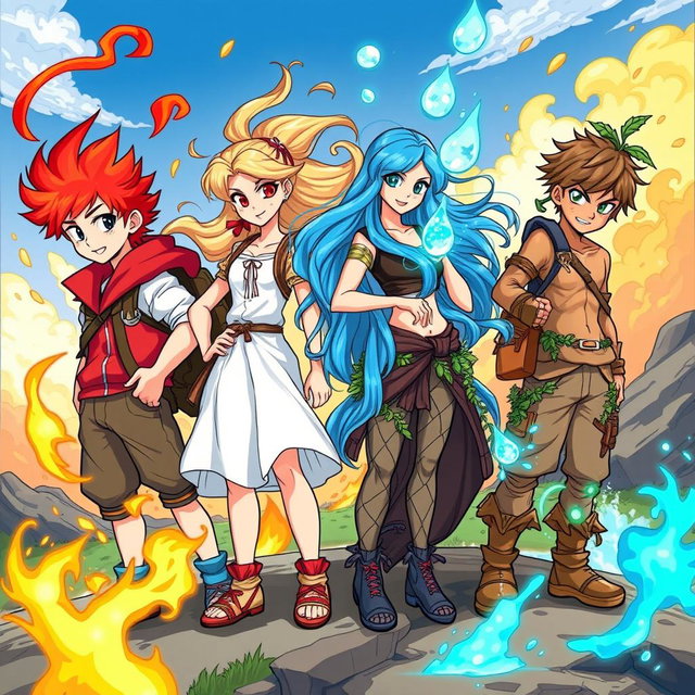 Four adventurous teenagers representing the powers of the elements: a boy with bright red hair and fiery attire, surrounded by swirling flames; a girl with flowing, sky-blue hair and airy garments, gazing confidently while gusts of wind flow around her; a water-wielding girl with long, shimmering blue hair, creating droplets that float in the air; and a boy with earthy brown tones, adorned with leafy vines and surrounded by rocks and soil