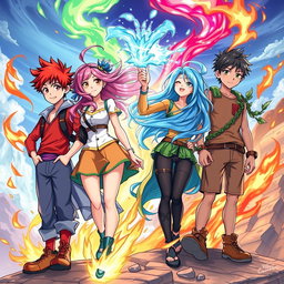 Four adventurous teenagers representing the powers of the elements: a boy with bright red hair and fiery attire, surrounded by swirling flames; a girl with flowing, sky-blue hair and airy garments, gazing confidently while gusts of wind flow around her; a water-wielding girl with long, shimmering blue hair, creating droplets that float in the air; and a boy with earthy brown tones, adorned with leafy vines and surrounded by rocks and soil