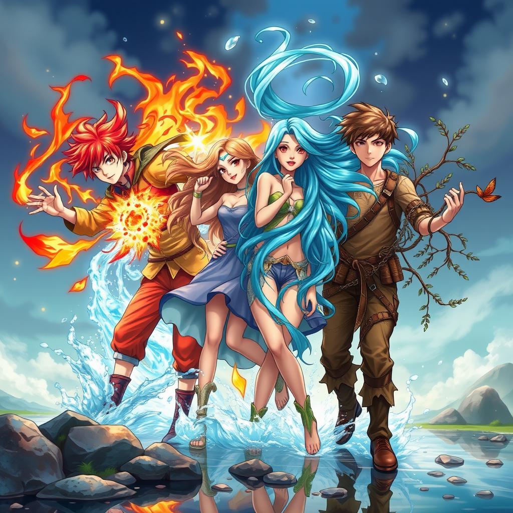 Four unique teenagers, each representing one of the elemental powers: a boy with fiery red hair and a blazing outfit, commanding a swirl of flames around him; a girl with sky-blue hair, dressed in flowing fabrics, harnessing gusts of wind that lift her hair gracefully; a water-themed girl with long, cascading aqua hair, surrounded by shimmering droplets and splashes; and an earthy boy with brown tones and a rugged look, intertwined with vines and stones, embodying the strength of the earth