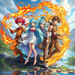 Four unique teenagers, each representing one of the elemental powers: a boy with fiery red hair and a blazing outfit, commanding a swirl of flames around him; a girl with sky-blue hair, dressed in flowing fabrics, harnessing gusts of wind that lift her hair gracefully; a water-themed girl with long, cascading aqua hair, surrounded by shimmering droplets and splashes; and an earthy boy with brown tones and a rugged look, intertwined with vines and stones, embodying the strength of the earth