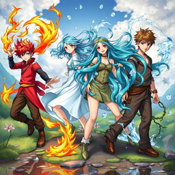 Four unique teenagers, each representing one of the elemental powers: a boy with fiery red hair and a blazing outfit, commanding a swirl of flames around him; a girl with sky-blue hair, dressed in flowing fabrics, harnessing gusts of wind that lift her hair gracefully; a water-themed girl with long, cascading aqua hair, surrounded by shimmering droplets and splashes; and an earthy boy with brown tones and a rugged look, intertwined with vines and stones, embodying the strength of the earth