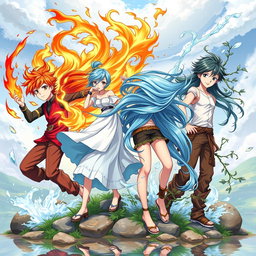 Four unique teenagers, each representing one of the elemental powers: a boy with fiery red hair and a blazing outfit, commanding a swirl of flames around him; a girl with sky-blue hair, dressed in flowing fabrics, harnessing gusts of wind that lift her hair gracefully; a water-themed girl with long, cascading aqua hair, surrounded by shimmering droplets and splashes; and an earthy boy with brown tones and a rugged look, intertwined with vines and stones, embodying the strength of the earth