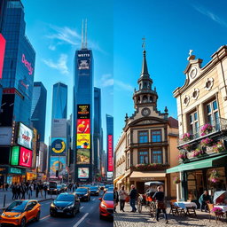 A split scene showcasing two contrasting cities
