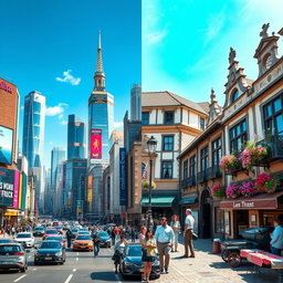 A split scene showcasing two contrasting cities