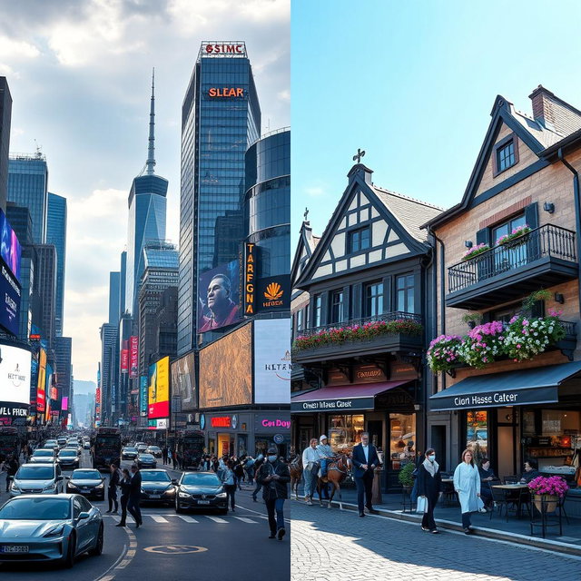 A split scene showcasing two contrasting cities