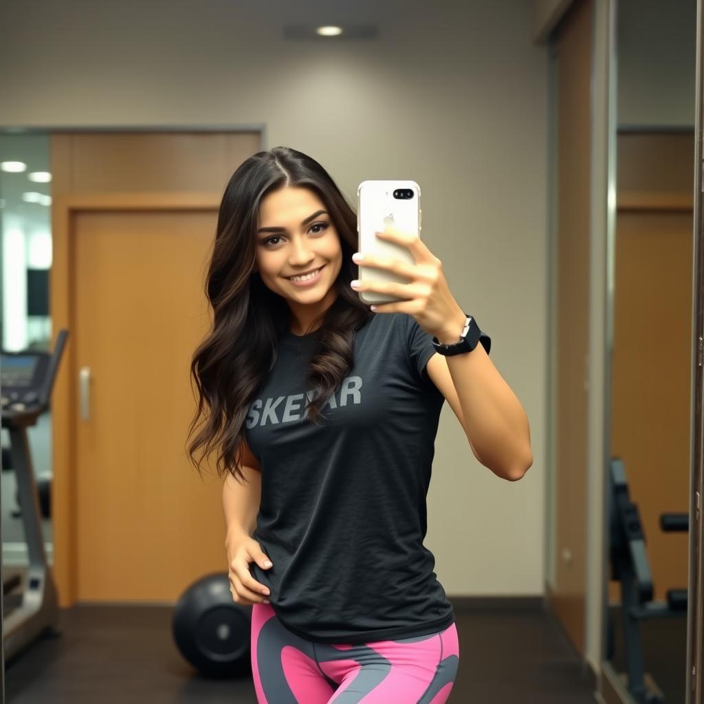 A confident and fit young woman taking a mirror selfie in a modern gym