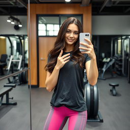 A confident and fit young woman taking a mirror selfie in a modern gym setting