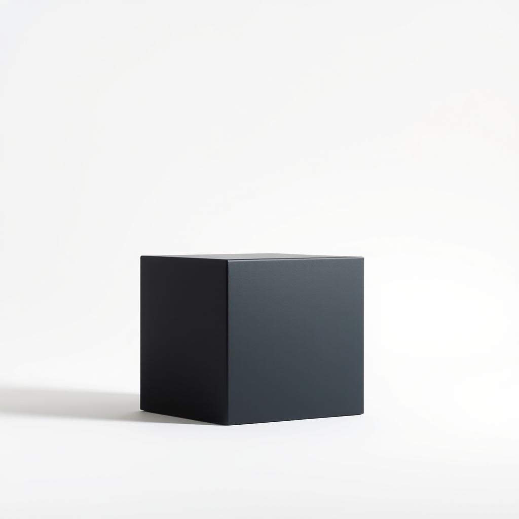 A minimalist and striking image featuring a solid black cube placed prominently against a pristine white background