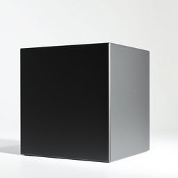 A minimalist and striking image featuring a solid black cube placed prominently against a pristine white background