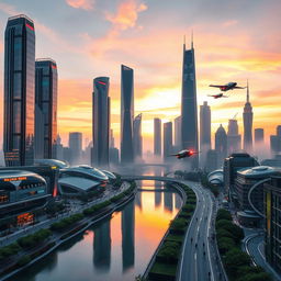 A stunning futuristic cityscape at sunset, featuring towering skyscrapers made of glass and steel with vibrant neon lights