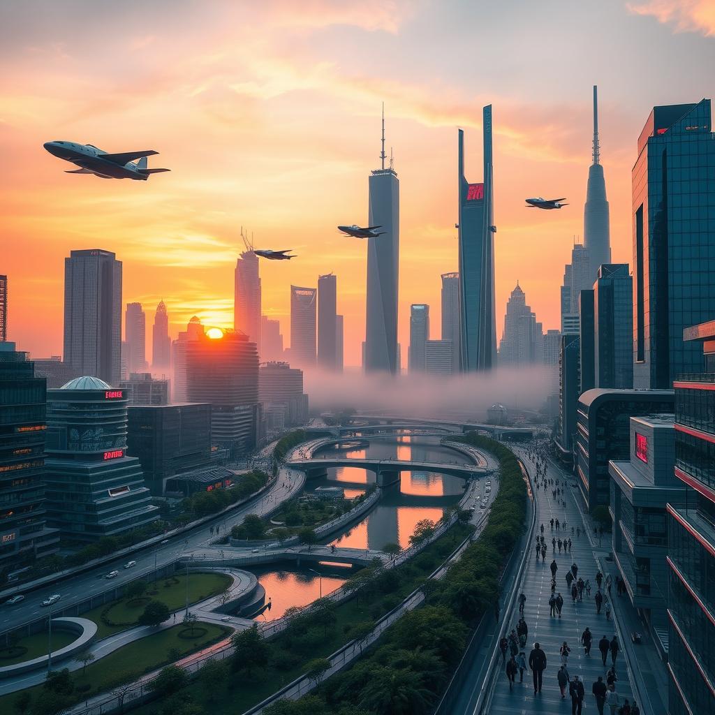 A stunning futuristic cityscape at sunset, featuring towering skyscrapers made of glass and steel with vibrant neon lights