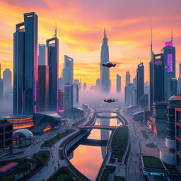 A stunning futuristic cityscape at sunset, featuring towering skyscrapers made of glass and steel with vibrant neon lights