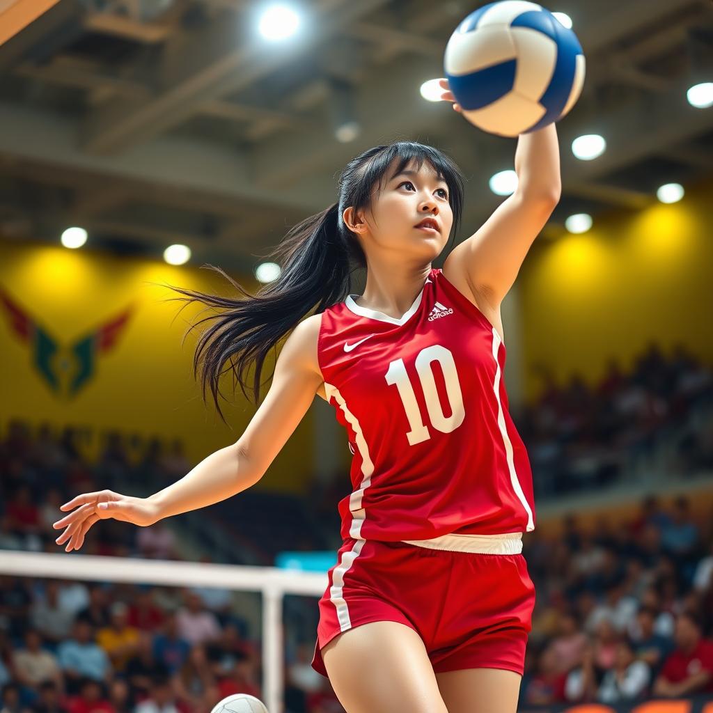 A talented Japanese female volleyball player in mid-action, capturing the athleticism and grace of the sport