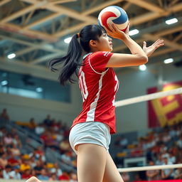 A talented Japanese female volleyball player in mid-action, capturing the athleticism and grace of the sport