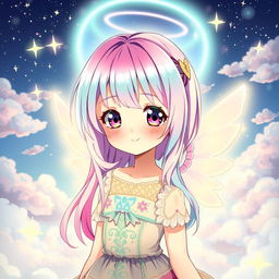 A colorful anime girl with an angelic vibe, featuring vibrant pastel hair cascading down her shoulders, and striking big expressive eyes
