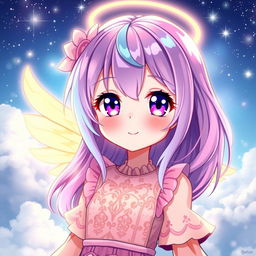 A colorful anime girl with an angelic vibe, featuring vibrant pastel hair cascading down her shoulders, and striking big expressive eyes