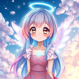 A colorful anime girl with an angelic vibe, featuring vibrant pastel hair cascading down her shoulders, and striking big expressive eyes