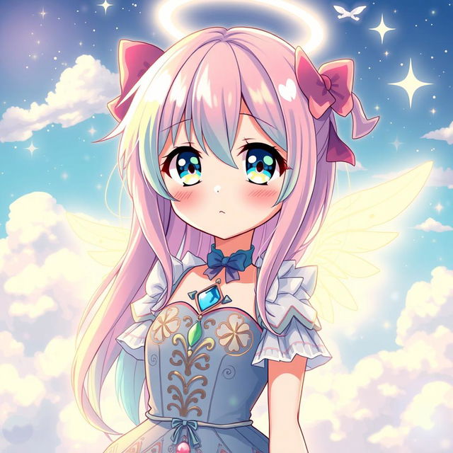 A colorful anime girl with an angelic vibe, featuring vibrant pastel hair cascading down her shoulders, and striking big expressive eyes