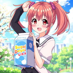 An attractive anime girl with vibrant hair, dressed in a fashionable outfit, playfully holding a milk box labeled 'Sugoi Dekai' in a colorful anime style
