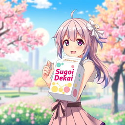 An attractive anime girl with vibrant hair, dressed in a fashionable outfit, playfully holding a milk box labeled 'Sugoi Dekai' in a colorful anime style