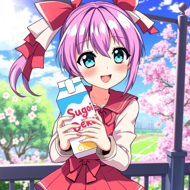 An attractive anime girl with vibrant hair, dressed in a fashionable outfit, playfully holding a milk box labeled 'Sugoi Dekai' in a colorful anime style