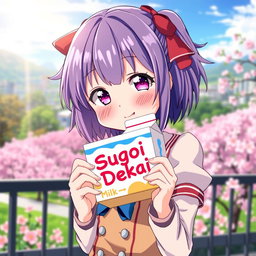 An attractive anime girl with vibrant hair, dressed in a fashionable outfit, playfully holding a milk box labeled 'Sugoi Dekai' in a colorful anime style