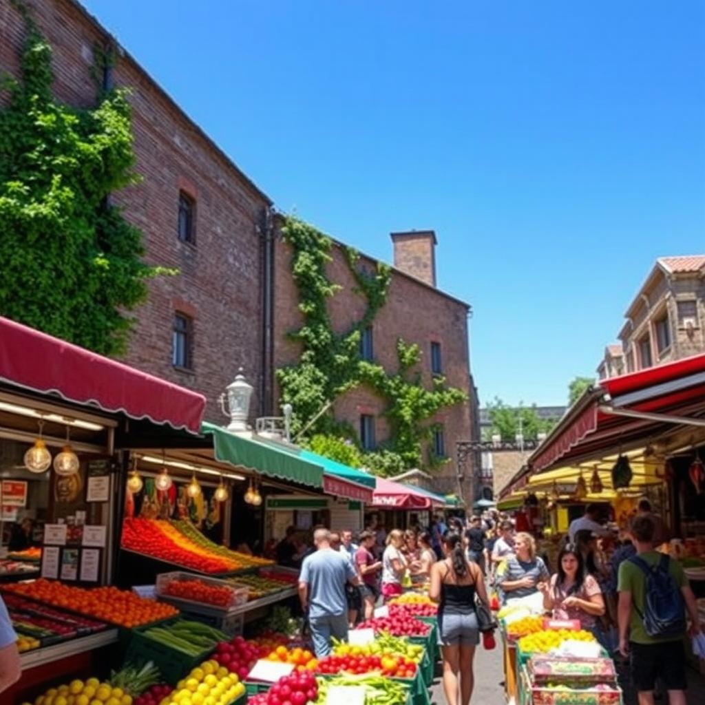 A vibrant street scene featuring a bustling market filled with colorful stalls, street food vendors, and excited customers
