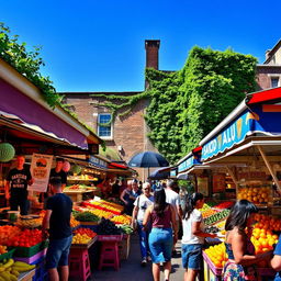 A vibrant street scene featuring a bustling market filled with colorful stalls, street food vendors, and excited customers