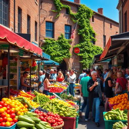 A vibrant street scene featuring a bustling market filled with colorful stalls, street food vendors, and excited customers
