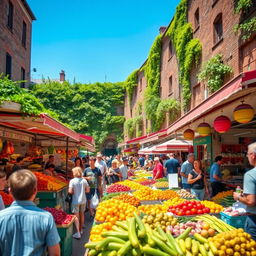 A vibrant street scene featuring a bustling market filled with colorful stalls, street food vendors, and excited customers