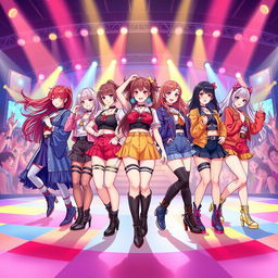 A vibrant and dynamic illustration of a seven-member girl K-Pop group, showcasing each member with unique hairstyles and fashionable outfits that reflect the latest K-Pop trends