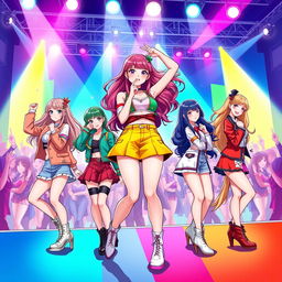 A vibrant and dynamic illustration of a seven-member girl K-Pop group, showcasing each member with unique hairstyles and fashionable outfits that reflect the latest K-Pop trends