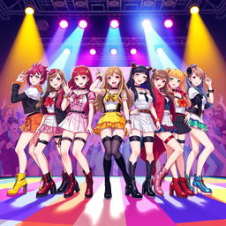 A vibrant and dynamic illustration of a seven-member girl K-Pop group, showcasing each member with unique hairstyles and fashionable outfits that reflect the latest K-Pop trends