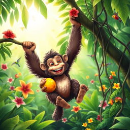 A playful scene in a lush tropical jungle, featuring a vibrant green canopy overhead with beams of sunlight filtering through