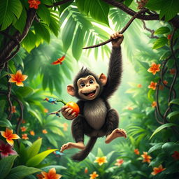 A playful scene in a lush tropical jungle, featuring a vibrant green canopy overhead with beams of sunlight filtering through