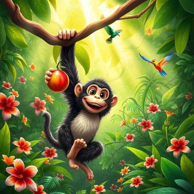 A playful scene in a lush tropical jungle, featuring a vibrant green canopy overhead with beams of sunlight filtering through