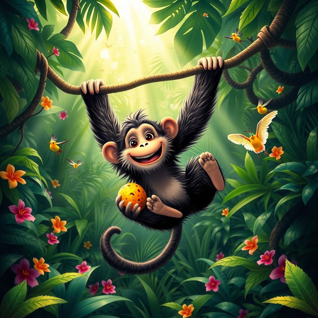 A playful scene in a lush tropical jungle, featuring a vibrant green canopy overhead with beams of sunlight filtering through