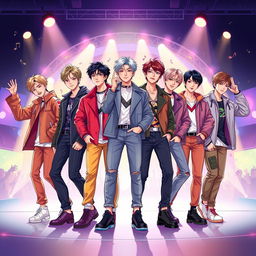 A dynamic illustration of a K-pop group inspired by BTS, featuring seven stylish young men with diverse hairstyles, colorful outfits, and confident poses, performing on stage with vibrant lights and energetic fans in the background